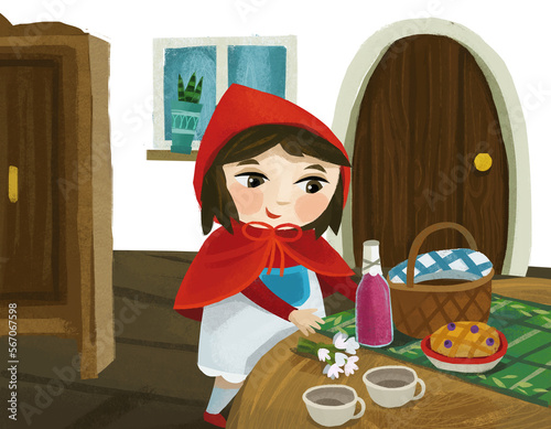 cartoon little girl kid in wooden house in red hood illustration for children