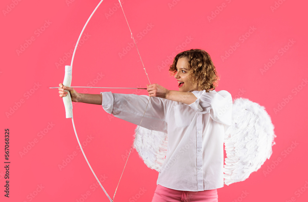 Female cupid shooting love arrow with bow. Valentines day celebration. Angel girl in white wings. Female cupid shooting love arrow with bow. Valentines day celebration. Angel girl in white wings.