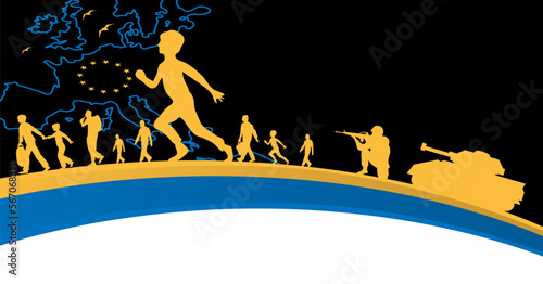 Silhouettes of refugees on blue-yellow background, Stop war, and concept of peace in Ukraine