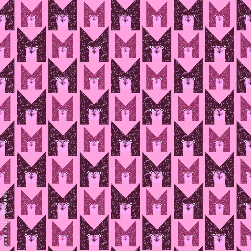abstract seamless pattern with the letter M. mustachioed muzzle. dog, cat, mouse. burgundy, pink background. bright colorful children's print. cover, notebook, packaging. abstract seamless pattern with the letter M. mustachioed muzzle. dog, cat, mouse. burgundy, pink background. bright colorful children's print. cover, notebook, packaging.