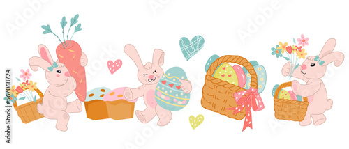 Easter border or composition design with bunnies characters in cute kawaii style, flat vector illustration isolated on white. Funny hand drawn rabbits with easter eggs.