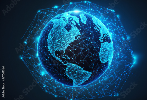 Communication technology internet business. Global world network and telecommunication on earth cryptocurrency and blockchain generative ai