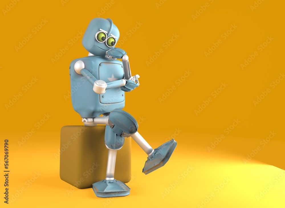 Fototapeta premium retro robot thinks sitting on the cube, artificial intelligence,