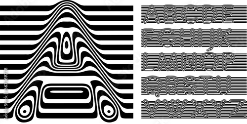 Liquified alphabet, 3d striped letters, optical illusion font for opart logo and headline, emphasis typography, game design. Vector typographic design