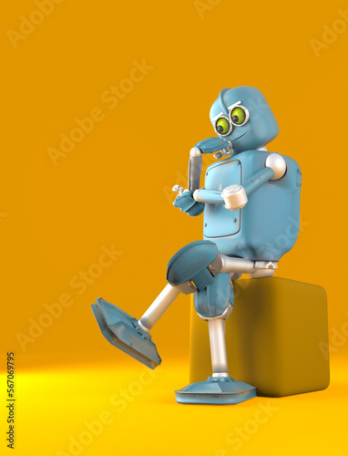 retro robot thinks sitting on the cube, artificial intelligence,