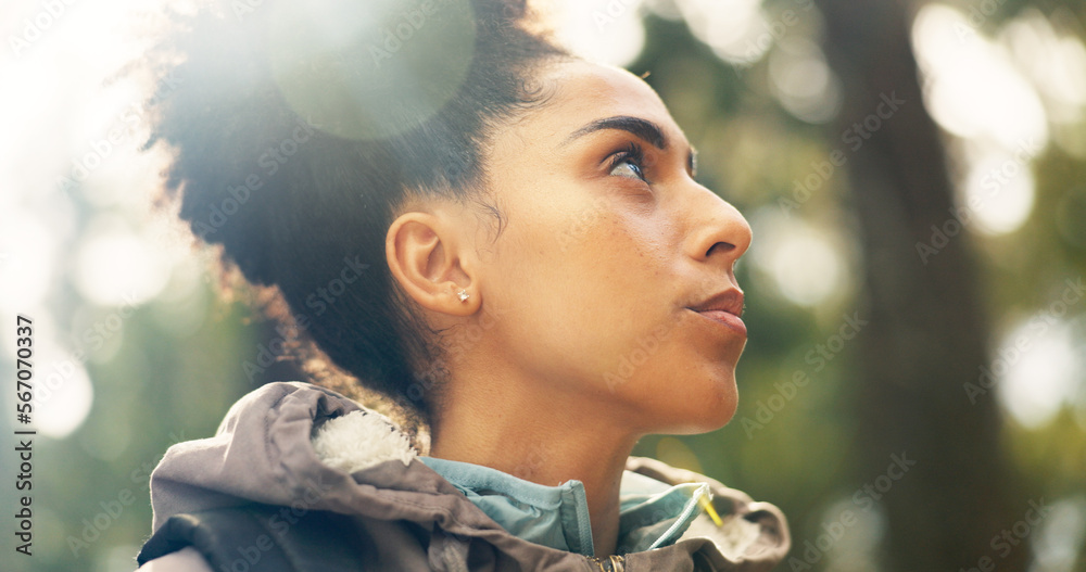 Hiking, thinking and adventure with a black woman in nature, sightseeing while walking on a trail outdoor. Freedom, travel and health with a young female hiker out for discovery and exploration Hiking, thinking and adventure with a black woman in nature, sightseeing while walking on a trail outdoor. Freedom, travel and health with a young female hiker out for discovery and exploration