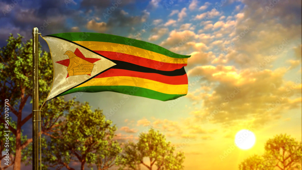 waving flag of Zimbabwe at sunrise for veterans day - abstract 3D rendering - obrazy, fototapety, plakaty 