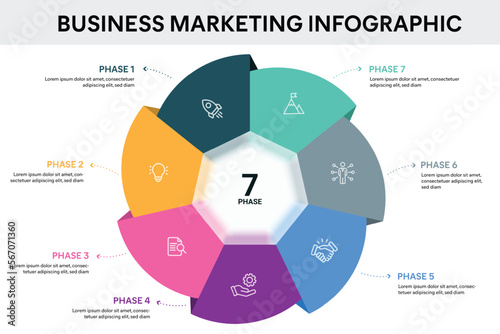 Origami style pie chart heptagon infographic template with 7 options, steps, parts, segments. Business concept. marketing infographic vector illustration. photo