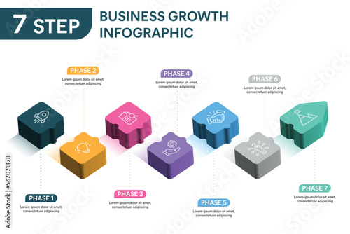 Puzzle Infographic template with icons. 7 Step or Phase or Option. Vector illustration