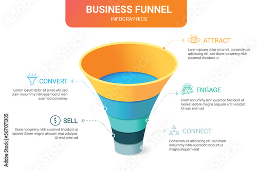 5 level sales funnel diagram. 3D Infographic template illustration for business.