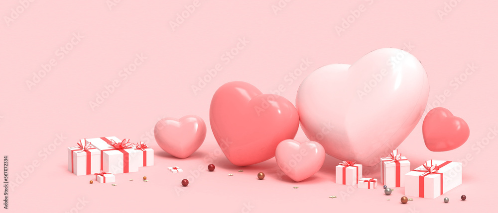 Happy Valentine's day sale banner and white Gift box on pink background, Cute banners or greeting cards and heart balloons with elements of love concept. Inspiration, copy space, Banner-3d Rendering