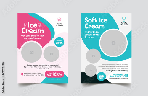 Ice cream shop flyer template, advertisement pamphlet design for a tasty food menu and bakery chocolate cake brochure cover