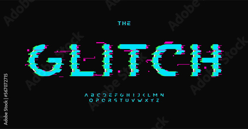 Glitch alphabet, digital distorted sans serif letters, display error font for techno logo, cinematic headline, loss connect graphic effect typography, game design. Vector typographic design