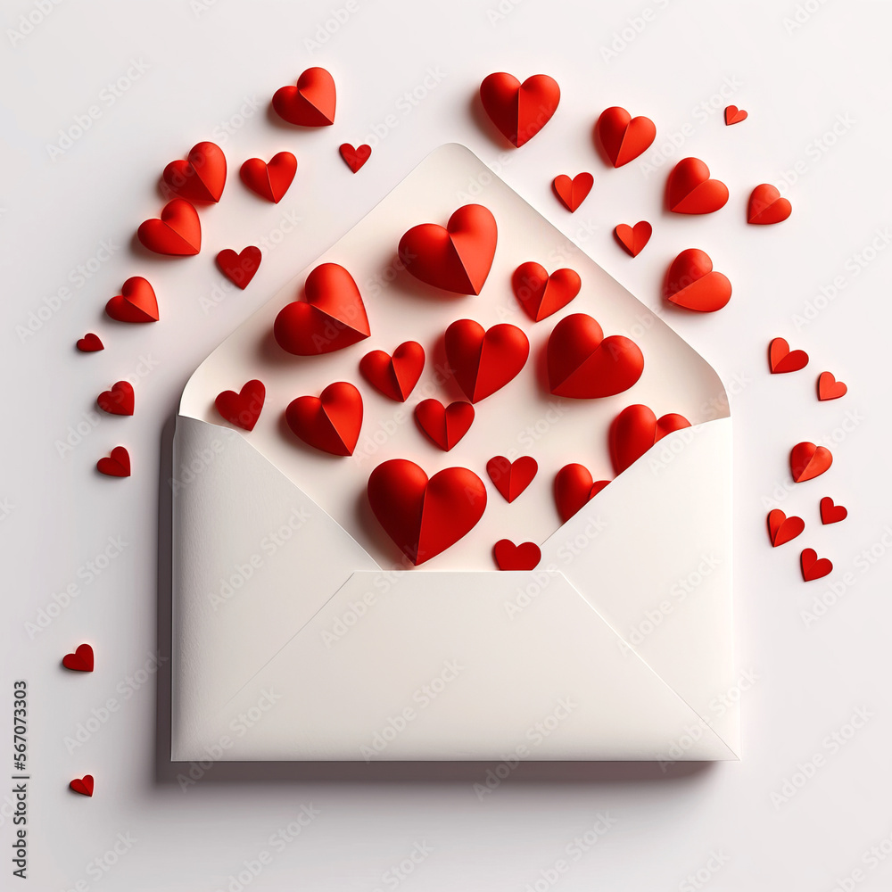 Valentines Day card concept. Red hearts on white background. Generative AI Valentines Day card concept. Red hearts on white background. Generative AI