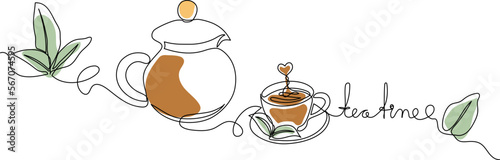 Tea time concept - Continuous one line drawing of green tea leaves teapot and cup of tea. Vector minimalistic line art.