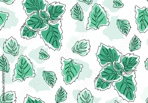 Vector seamless pattern with mint leaves in continuous one line drawing. Minimalistic line art background.