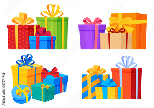 Set of colored gift boxes with bows. Beautiful bright packaging. Vector illustration