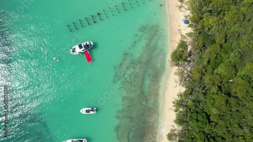 Aerial Drone view of a boats in a tropical caribbean island. In Cayo Icacos Puerto Rico beach photo