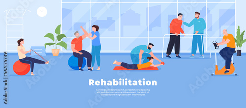 Banner of rehabilitation of patients with limb injuries. Doctors help people get well. Vector illustration