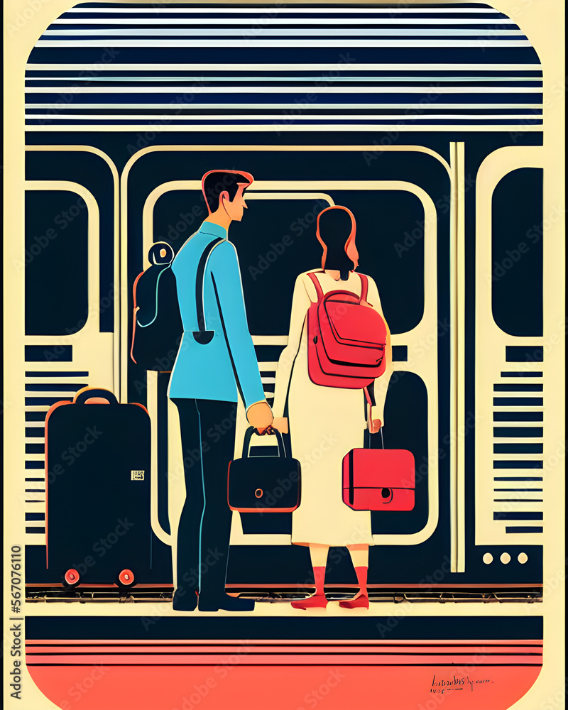 un couple de dos en voyage en train - IA générative