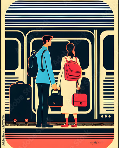 Obraz na płótnie un couple de dos en voyage en train - IA générative w salonie