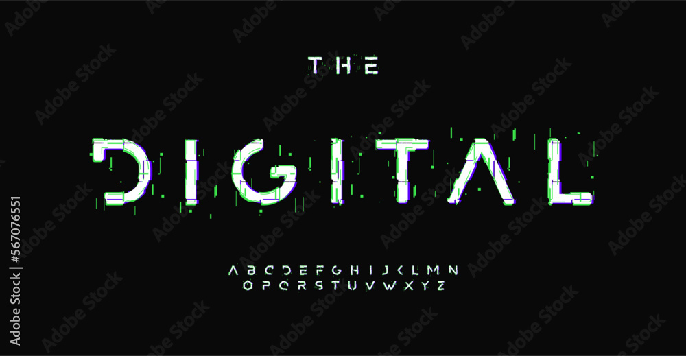 Futuristic alphabet with digital distorted effect, glitch error effect font for cinematic headline, high technology logo, game design. Vector typographic design Futuristic alphabet with digital distorted effect, glitch error effect font for cinematic headline, high technology logo, game design. Vector typographic design
