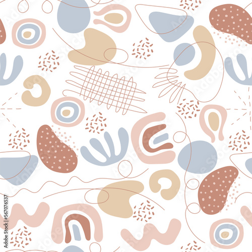 Seamless pattern of abstract spots, lines and dots. Hand drawn organically shaped elements. Pastel and gentle colors, vector illustration.