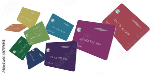 Nine credit card or debit cards in the colors of the spectrum float above a white background in this 3-D illustration. photo