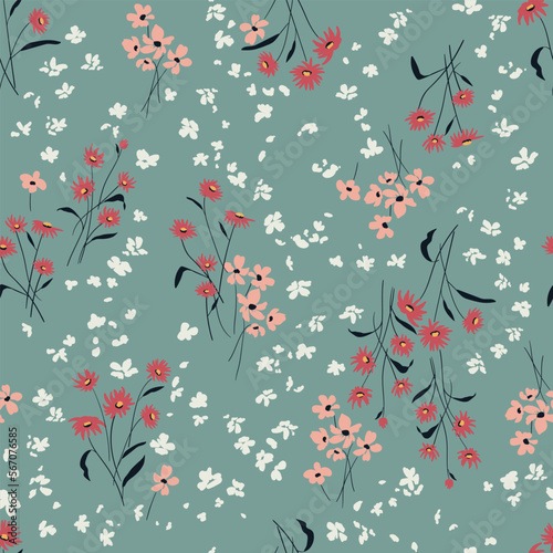 Seamless pattern with cute wildflowers on a blue background. Floral  background in liberty style. Hand drawn vector illustration for fashion print