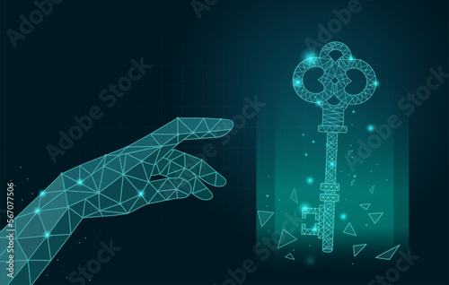 People reach a hand to touch a holographic key. low poly theme. Illustration about the key to success. Technology Concept, secret, keywords, code, password.
