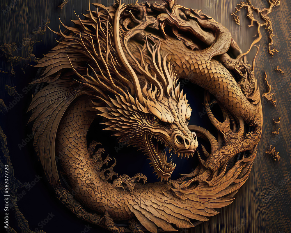 Dragon old wooden and chinese pattern, wood nature. 3d illustration. (ai  generated) Stock Illustration