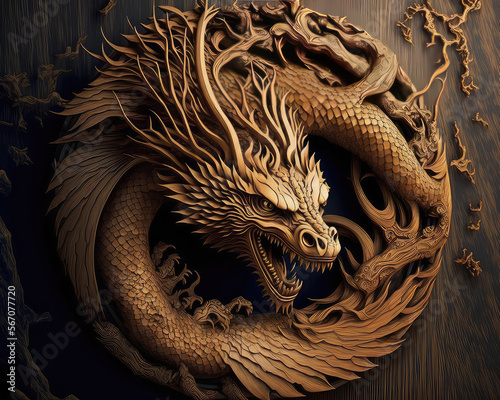 Dragon old wooden and chinese pattern, wood nature. 3d illustration. (ai generated)