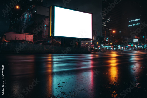 A blank billboard with a nightlight shade is in the city.Generative AI © moderngolf1984