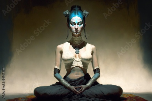 Beautiful fit woman in meditation pose oil painting style illustration generative ai
