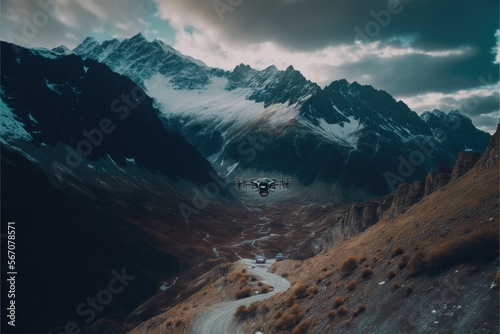 drone close-up in flight over the mountain serpentine of the Swiss Alps