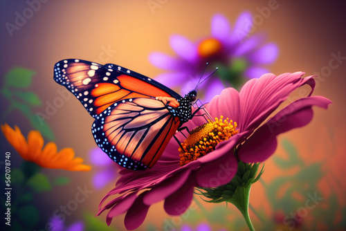 Butterfly and Pink Flower created with Generative AI Technology, ai, generative