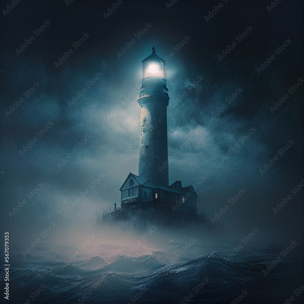Lonely lighthouse on island shining in the evening fog