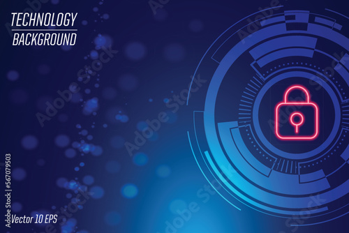 Concept of destroyed cyber security.Padlock Blue open on electric circuits network dark Blue background.Cyber attack and Information leak concept.Vector illustration.