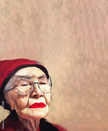 Wise-looking elderly woman, with text space, ideal for social media. IA