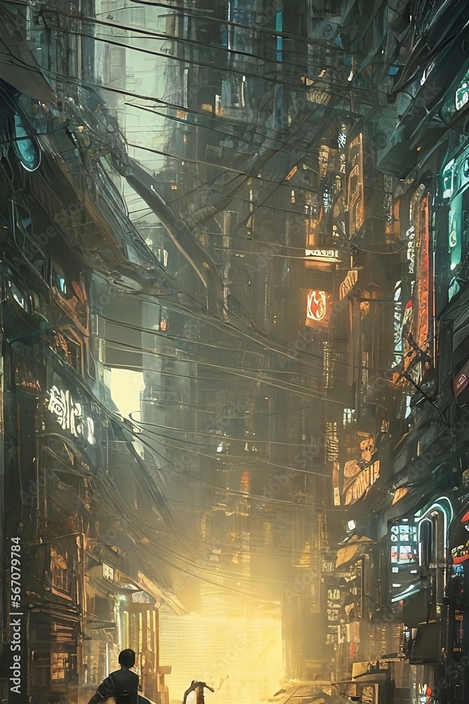 Obraz premium Cyberpunk City Landscape Wallpaper, Downtown Cyber City
