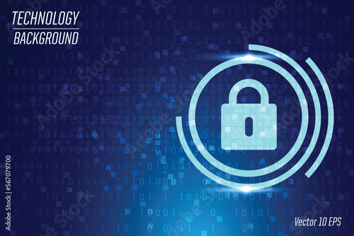 Concept of destroyed cyber security.Padlock Blue open on electric circuits network dark Blue background.Cyber attack and Information leak concept.Vector illustration.