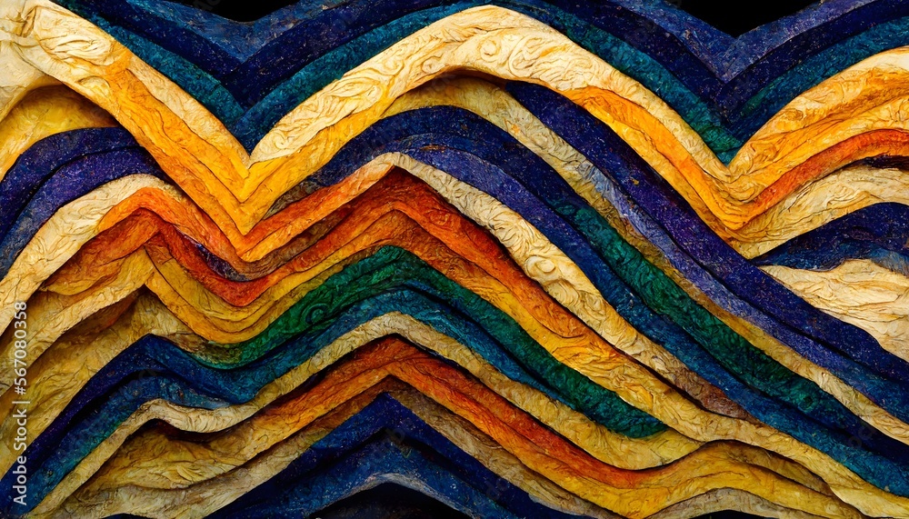 a pattern of horizontal waves paper mache texture blue and orange and purple and yellow and