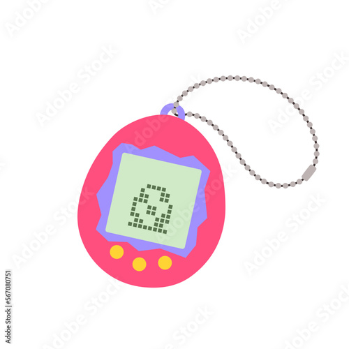 Classic retro toy. Vintage digital pocket pet game. Japanese classic pink game with screen display, chain and buttons. photo