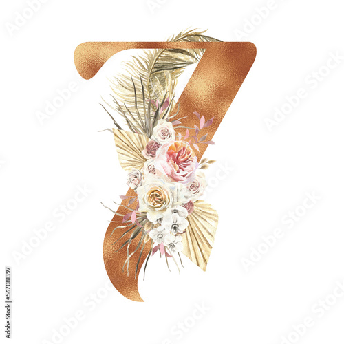 Photography Boho number, digit 7, Watercolor Bronze table numbers illustration with dried flower, tropical, leaves, palm, roses, orchid, terracotta, bouquet composition
