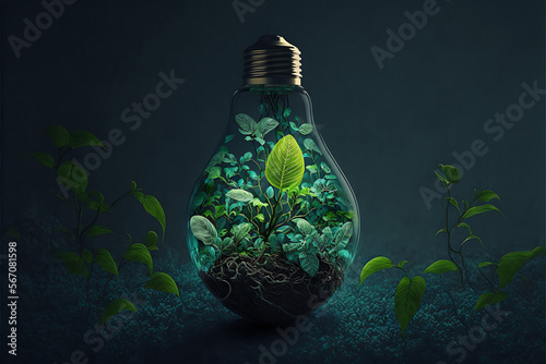 Light bulb, eco friendly concept, renewal energy. Created with Generative AI