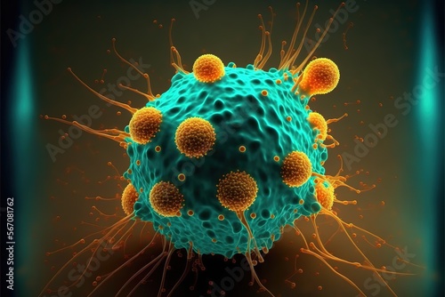 Microenvironment concept with virus cells, T-Cells, nanoparticles,  microenvironment normal cells, molecules, and blood vessels - Generative AI photo