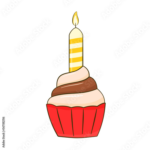 Chocolate cupcake with candle. Cartoon. Vector illustration. Isolated on white background