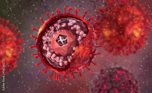 Medical background, herpes simplex virus type one, herpesvirus family that causes oral herpes in humans, realistic 3D structure diagram, 3D rendering