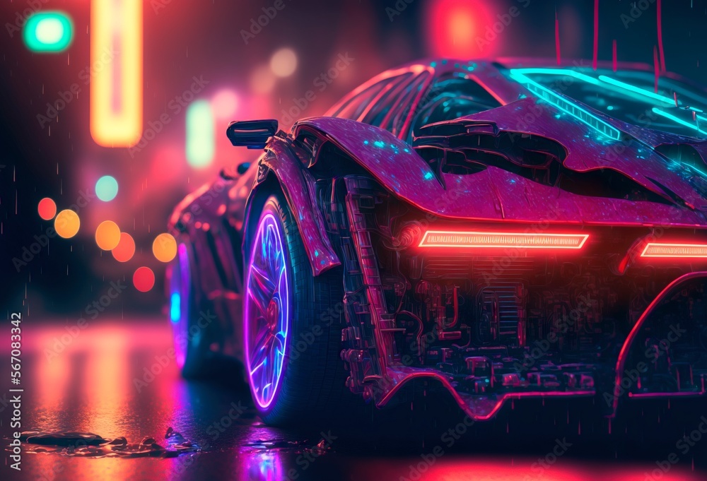 Shiny futuristic sports car on a blurred cyberpunk city street background with bright neon lights. Bokeh effect. Future concept. Generative AI illustration.