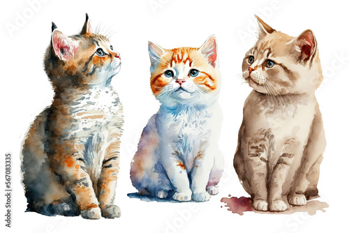 série de chats et chatons illustrés aspect aquarelle, isolé sur fond blanc photo